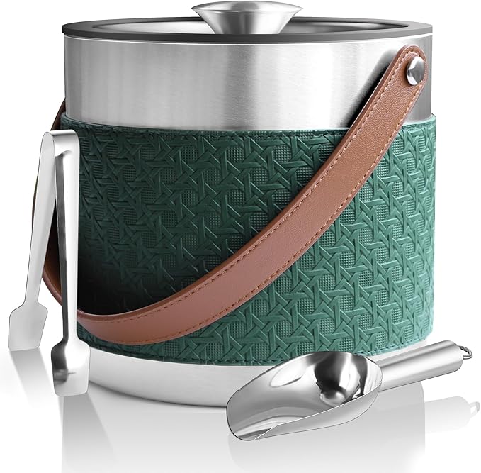 Bakpoco Insulated Ice Bucket with Lid, Scoop, Ice Tongs & Detachable Double-Sided PU Cover– 4L Double-Wall Stainless Steel Ice Buckets for Parties, Cocktail Ba, Champagne & Bar Cart Accessories