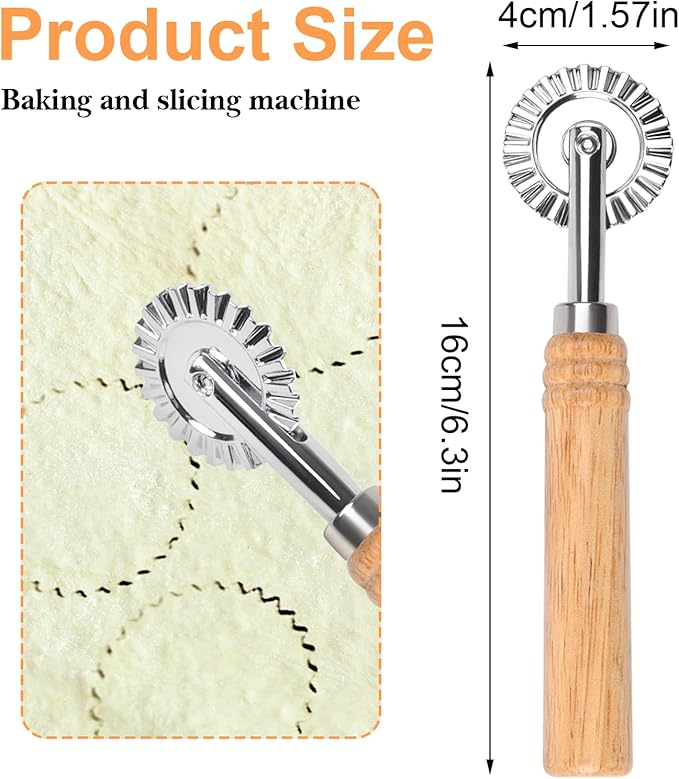 Pastry Wheel Cutter, Stainless Steel Ravioli Cutter, Fluted Pastry Wheel with Long Wooden Handle for Home Making Pasta Pizza Ravioli Cookie Tools