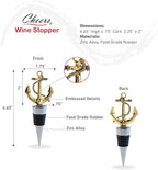 Cheers Gold Anchor Metal Wine Stopper - Elegant Vacuum Seal Reusable Nautical Ship Anchor Wine Bottle Stopper Airtight Leak Proof Bottle Topper Cork Plug, Home Decor & Bar Tool Accessory Unique Gift