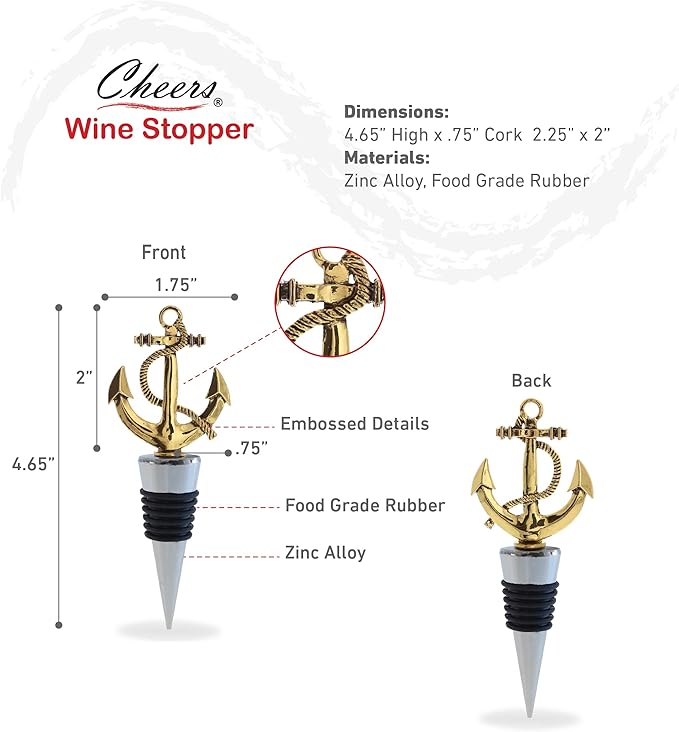 Cheers Gold Anchor Metal Wine Stopper - Elegant Vacuum Seal Reusable Nautical Ship Anchor Wine Bottle Stopper Airtight Leak Proof Bottle Topper Cork Plug, Home Decor & Bar Tool Accessory Unique Gift