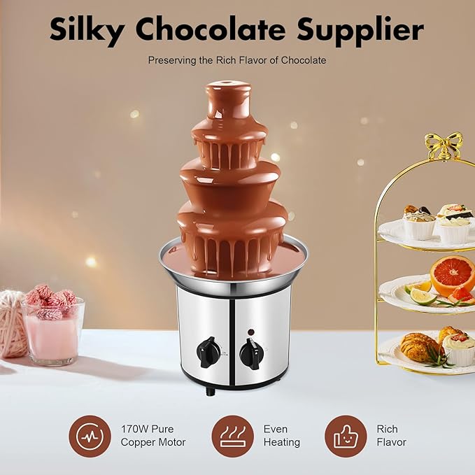4 Tier Chocolate Fondue，430 Stainless Steel Chocolate Fountain Machine, Electric Chocolate Melting Fondue Fountain Set, Chocolate Fountain Machine for Chocolate Candy Butter Cheese