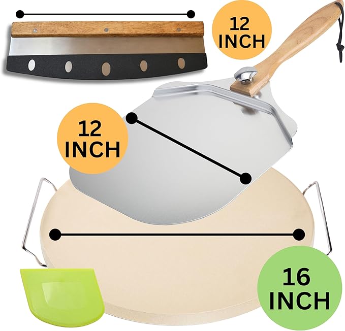 Round Pizza Stone for Oven 16 inch - Large Pizza Stone with Handles, Metal Pizza Peel, Pizza Cutter and Dough Tool - Baking Stone for Oven Bread - Thick Durable Cordierite Baking Stones