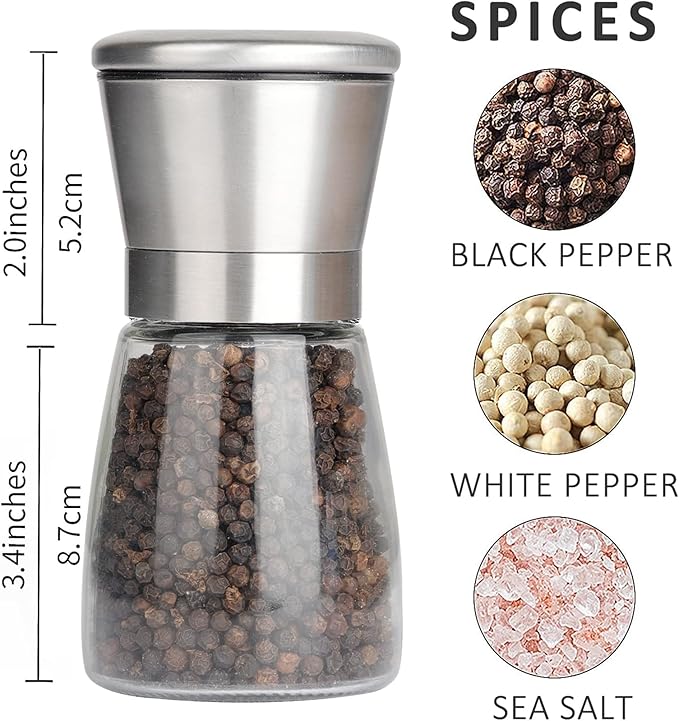 Gulex Pepper Grinder Pepper Mill, Salt Grinder Refillable,(Single Package) Adjustable, Stainless Steel Sea Salt Shaker with Ceramic Rotor (1 pack)