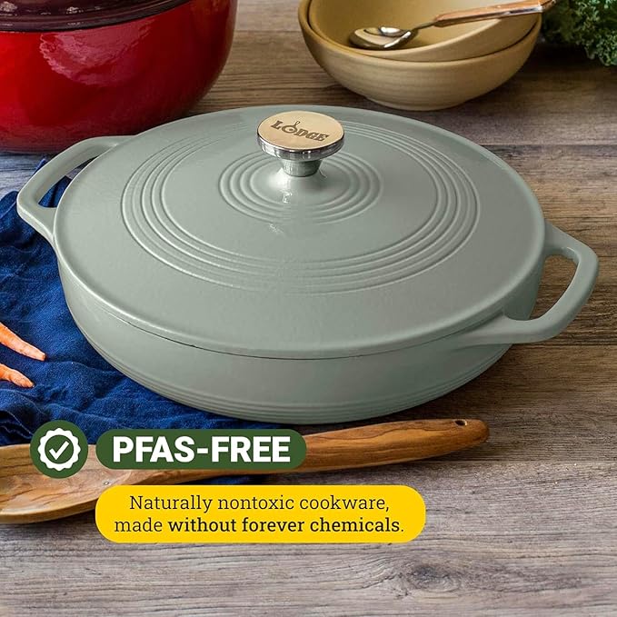 Lodge Essential Enamel Braiser - Refrigerator- & Oven-Safe up to 500° F - Heat-Retaining, Induction-Safe & PFAS-Free Enamel Cookware - 3.5 Quart, Desert Sage
