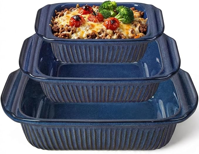 Artena Casserole Dishes For Oven, Ceramic Baking Dish, Large Lasagna Pan With Handles, Baking Pan Casserole Dish, Rectangular Bakeware Deep, Set Of 3 (5.1Qt/2.3Qt/1.1Qt) (Blue - Only Baking Dish)