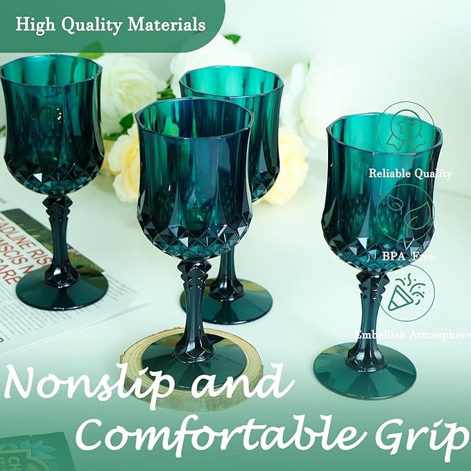 Plastic Wine Glasses, Plastic Goblets Vintage Style Cordial Unbreakable Drinking Glasses, Reusable Drinkware for Wedding Reception, Grand Event Party Supplies (12, Green)