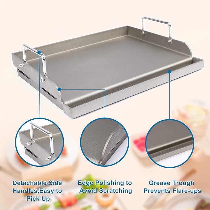 Utheer Cast Iron Griddle for Gas Grill, 25" x16" Flat Top for Outdoor Grill Rectangular Plate with Removable Handles for Charcoal Camping, Tailgating, and Parties