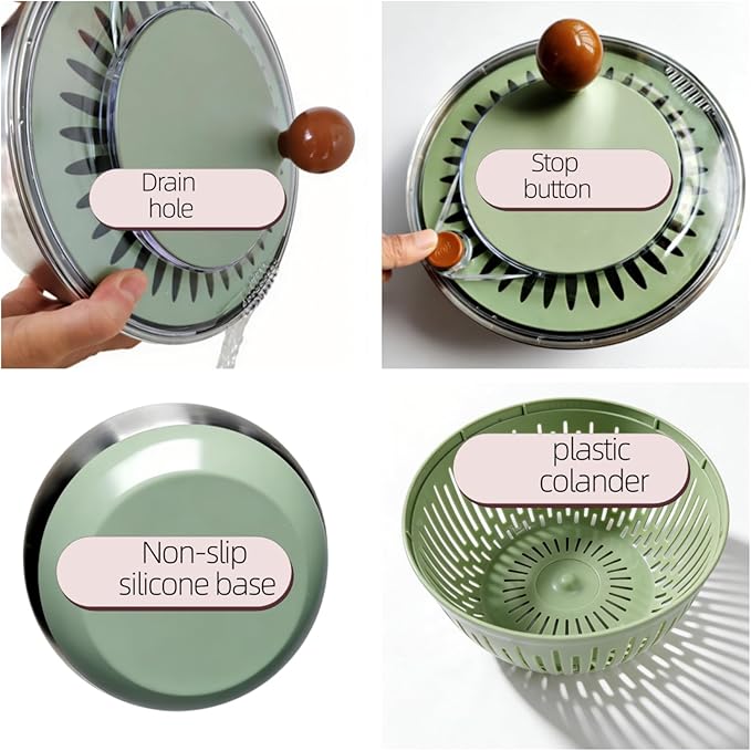 5.3Qt Stainless Steel Salad Spinner with Stop Button, Lid & Non-Slip Base, Salad Spinner Stainless Steel no Plastic, Dishwasher Safe, Vegetable Spinner Dryer with Drain Hole (GREEN)