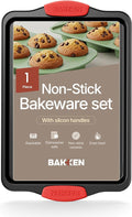 BAKKEN Kitchen Baking Pans - 15.15 x 10.03" Medium Nonstick Sheet, Durable Carbon Steel Cookie Sheet with Red Silicone Handles, PFOA, PFOS, PTFE Free, Oven Safe Tray (Up To 450°F), Set of 1