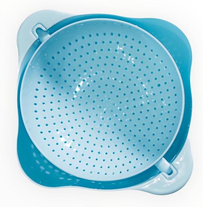 Kitchen Pro Double Rotatable Colander, Blue Plastic Vegetable and Fruit Strainer Bowl with Dual Draining Baskets, Kitchen Sink Drainer