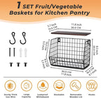 Wawocs Fruit Basket for Kitchen Counter, Fruit Bowl Stackable Wall Mounted Hanging Fruit Basket Wire Basket with Wood Lid with Banana Hanger Hooks, Onion,Potato,Fruit and Vegetable Storage