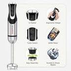 Bonsenkitchen 4-in-1 Immersion Blender Handheld with Food Processor, 12 Speeds Hand Blender with Turbo Mode, Stainless Steel Blade, Egg Whisk, Beaker & Chopper Bowl, Stick Mixer for Smoothie, Puree