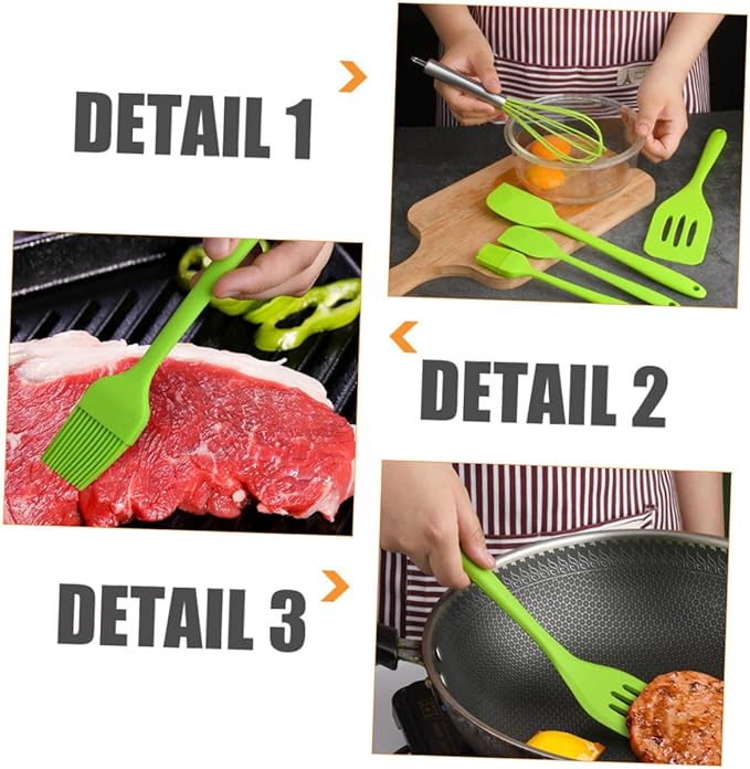 TOYANDONA 5pcs Silicone Baking Utensil Set Non-stick Kitchen Cooking Tools Heat Resistant Green Household Kitchenware with Stainless Steel Handles for Mixing and Scraping
