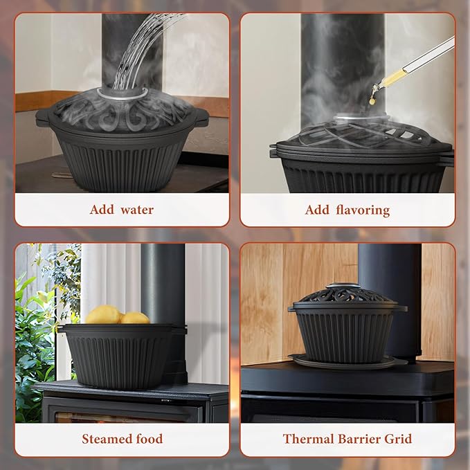 Cast iron Humidifier Seasonal Wood Stove Steamer with Sauce Pot, Camping Grill Essential, Non-Toxic Cast Iron Kitchenware for Indoor/Outdoor Use