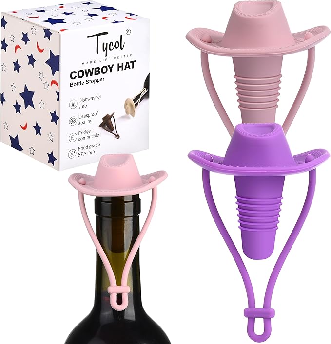 Silicone Wine Stopper Cute Wine Accessories Reusable Sealing plug Fun Cowboy Hat bottle Seals keep wine fresh Gifts for Wine Collector replacement Corks (Purple+Pink)