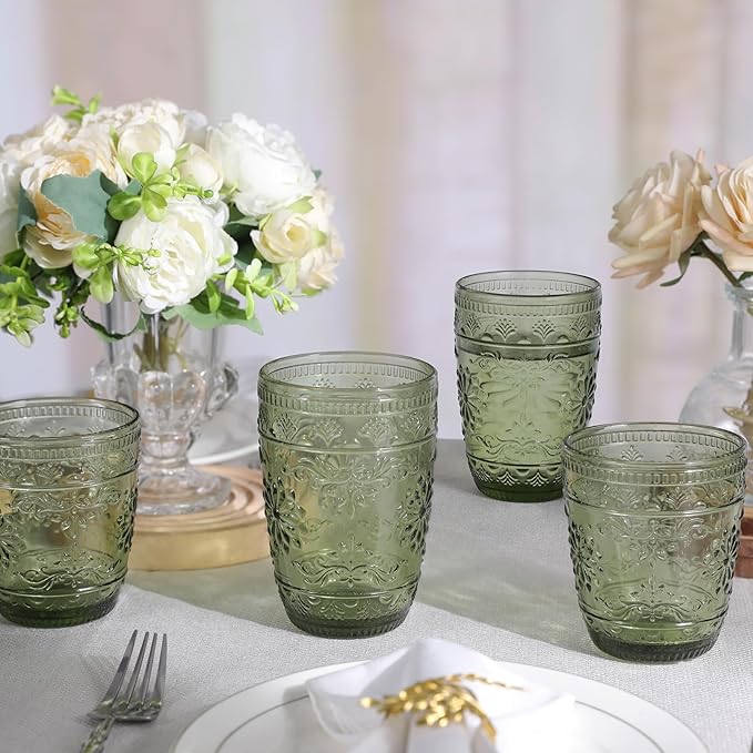 abrwyy 6Pcs Green Drinking Glassware, 10oz Drinking Glasses, Heavy Duty Glass Cups, Colored Embossed Glasses Set for Party Wedding Home Office Glassesware Gift