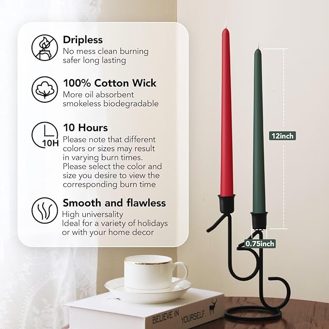 12-Inch Tall Dripless Taper Candles Set of 12 - Red and Green Tapered Candles, Perfect for Christmas - Smokeless, Unscented, Long Burning - Hand Poured, Colored Tall Candlesticks - Christmas