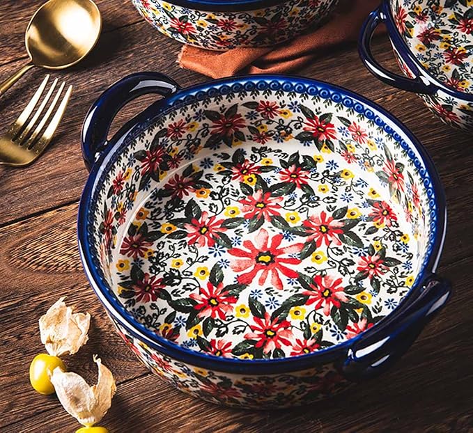 Red Daisy Flower Vintage Style Ceramic Bakeware Casserole Dish Baking Pan Lasagna Pans Baking Dish with Handles for Oven/Cooking/Kitchen-1 PCS, 32 OZ