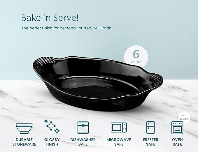 Au Gratin Baking Dishes, Ceramic, Kook, for Casseroles, Lasagna & Cobblers, Individual Serving, Set of 6, Oven, Microwave & Dishwasher Safe Bakeware, oz, Charcoal