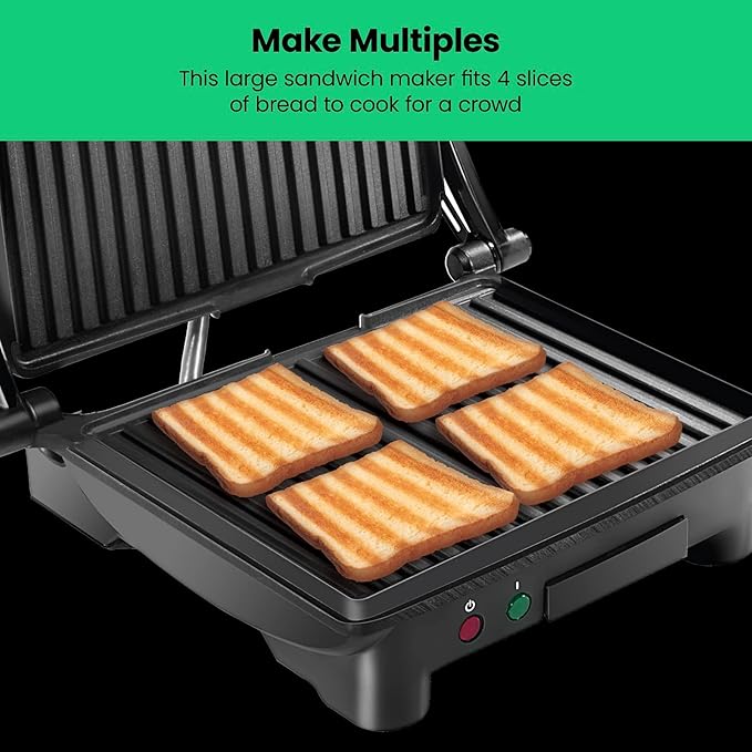 Chefman Panini Press Grill and Gourmet Sandwich Maker Non-Stick Coated Plates, Opens 180 Degrees to Fit Any Type or Size of Food, Stainless Steel Surface and Removable Drip Tray, 4 Slice, Black