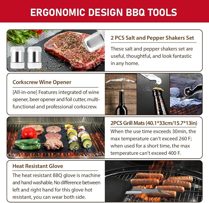 HUSSAR 34PCS BBQ Grill Tools Set Stainless Steel Grilling Accessories with Spatula, Tongs, Skewers for Barbecue, Camping, Kitchen, Complete Premium Grill Utensils Set in Storage Bag, Silver, (BTS-34)