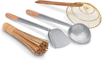 Craft Wok Tools 4 pcs Set: Ladle, Spatula, Strainer, Bamboo Brush/Utensils Traditional Asian Cookware with Wooden Handles / 732W9