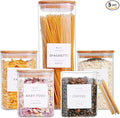 CZZGSM 5 Pack Square Glass Pantry Storage Containers with 132 Kitchen Food Pantry Labels - Clear Glass Jars with Airtight Wood Bamboo Lids - Glass Canisters for Cookies, Nuts, Cereal