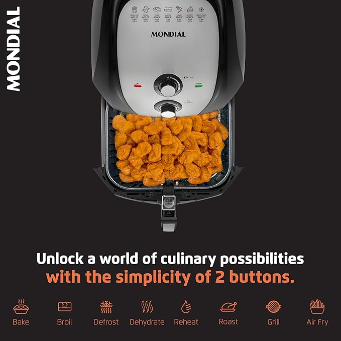 MONDIAL Air Fryer - 8.6 Quart Extra-Large Air Fryer, 2 Simple Dial Controls, 1800 Watts - Quick Heat Circulation Technology, Low Fat Cooking Less Calories - Removable Squared Basket - Black