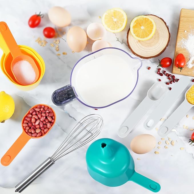 Measuring Cups and Spoons set 19 Pieces, Includes 10 Stackable Measuring Cup with Lid and 9 Magnetic Measuring Spoons, Tablespoon for Liquid and Dry, BPA Free, Dishwasher Safe (Rainbow)