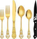 Gold Silverware Set, Ollex 48-Piece Retro Royal Flatware Set for 8 with Anti-rust Silverware Steel Black Steak Knives and Gold Spoons Forks Utensil Set, Mirror Polished&Dishwasher safe