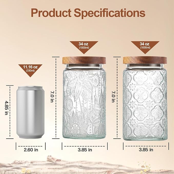 2-Pack 34 OZ Vintage Glass Jar with Lid, Airtight Food Storage Canisters with Bamboo for Kitchen Counter Pantry, Ideal for Coffee, Candy, Tea, Oats, Sugar, Cookies Decorative Jars