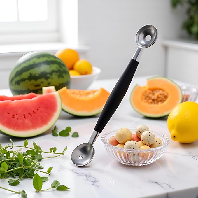 1Pc Black Double-Sided Fruit Melon Baller Spoon 2 in 1 Stainless Steel Melon Ballers Melon Scoop for Watermelon Cantaloupe Icecream Ball,18cm,Fruit and Vegetable Tools,Melon Ballers,Kitchen