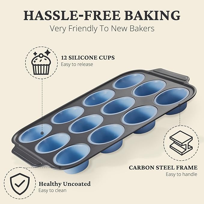 BRONYPRO Silicone Muffin Pans for Baking with Metal Frame, Egg Bite Molds, Cupcake Pans 12 Regular Size, Muffin Tins Easy to Pop Nonstick Non Toxic Bakeware for Oven,Blue