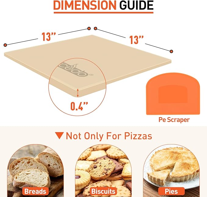 Arcedo Pizza Stone for Oven and Grill 13 Inch, Baking Stones for Bread Thermal Shock Resistant 13x13 Square Pizza Grilling Pans Replacement with PE Scraper