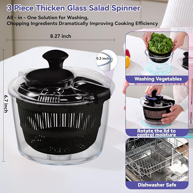 Good Girps 3.2 Qt Glass Salad Spinner Small Vegetable Dryer with Drain Microwave Safe Dishwasher Safe with Transparent Lid Crank Handle Quick Spin Greens Washer for Lettuce Herbs Fruits
