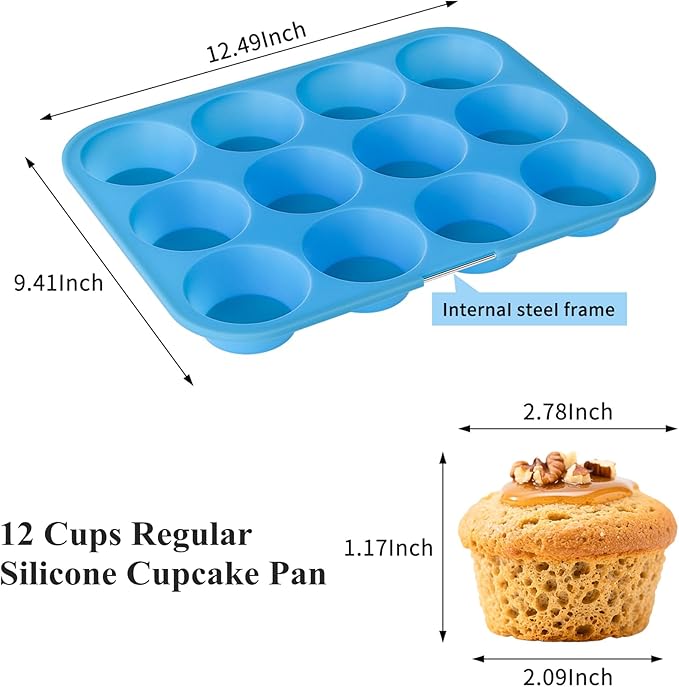 Bangp 2Pack Silicone Muffin Pans for Baking with Metal Reinforced Frame,12 Cup Regular Size Cupcake Pan,Premium Non-Stick Bend Resistance Silicone Muffin Tray for Pudding,Cakes,Tart,Egg Bites(Blue)