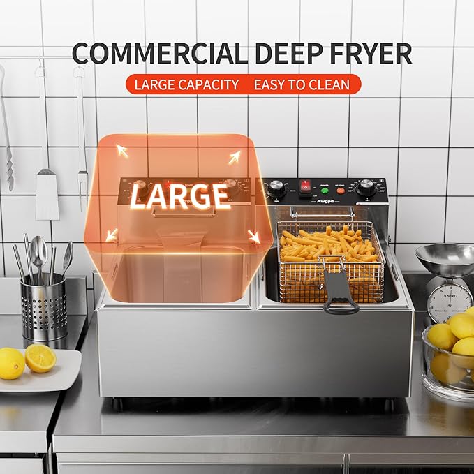 Commercial Deep Fryer, Dual Tank 3400W Electric Countertop Fryer with Basket, 2 x 10L/10.6QT Double Stainless Steel Oil Fryer with Drain, Time & Temp Control, for Kitchen Restaurant Use