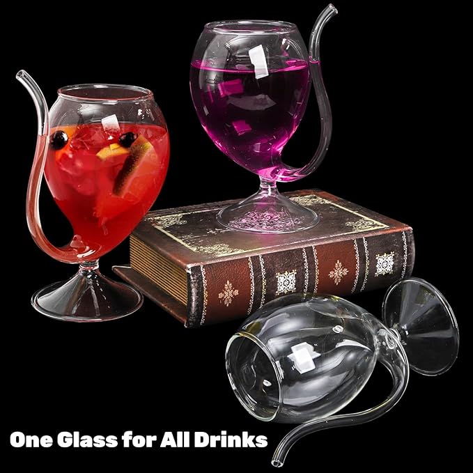 Tlence 4 Pack Straw Wine Glass, 12 OZ Sipping Wine Glasses with Built-in Straw, Creative Tube Cocktail Goblets, Clear Funny Decanter Cups for Juice Ice Cream Champagne Party Glassware Barware