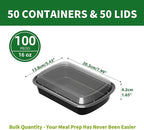 Meal Prep Containers, 50 Pack 16oz (100-Piece) Disposable Take Out Food Storage Containers with Leakproof Lids, Reusable Plastic To Go Lunch Boxes, BPA Free, Microwave/Dishwasher/Freezer Safe
