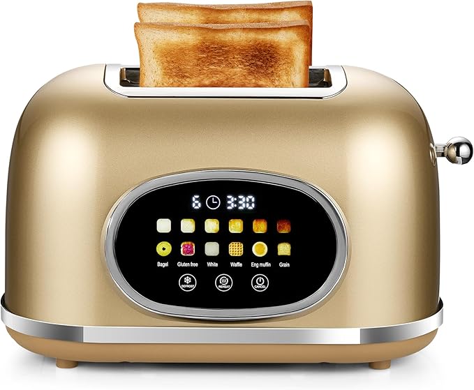 Roter Mond 2 Slice Toaster Smart Touch Screen, Retro Stainless Steel Bread Toaster with Digital Timer, Sleep Mode, Bagel, Cancel, and Defrost Functions, 6 Bread Types and Shade Settings, Gold