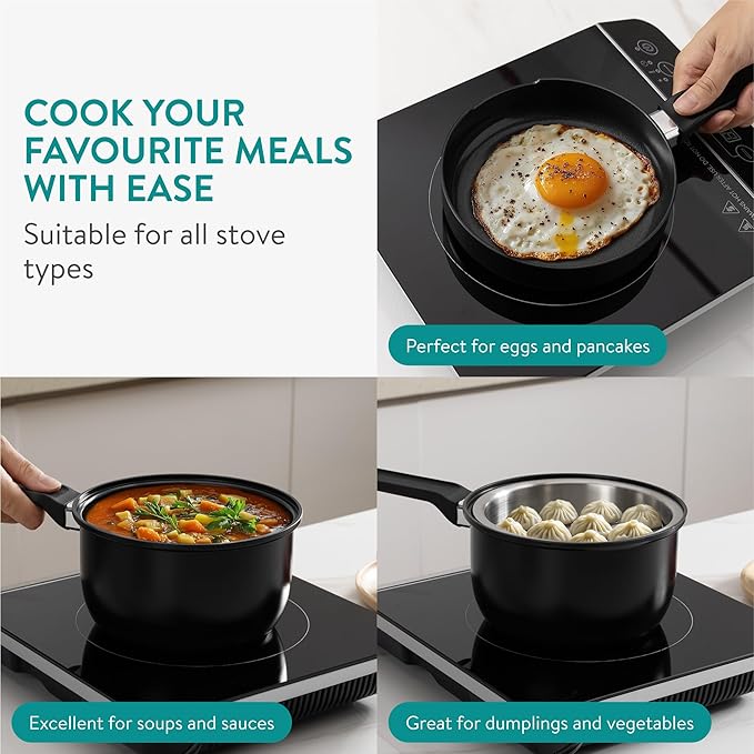 Navaris All in One Frying Pan Set - Ceramic Non Stick Cooking Pan & Small Saucepan with Lid & Stainless Steel Steamer Basket - Cookware Steam Pot & Saucepans - Set of 3