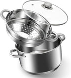 4 QT Stainless Steel Cookware Set, 3-Piece Multipurpose Stock Pot with Steamer Pot and Tempered Glass Lid, Stainless Steel Handle, Work with Gas Electric Induction Stove