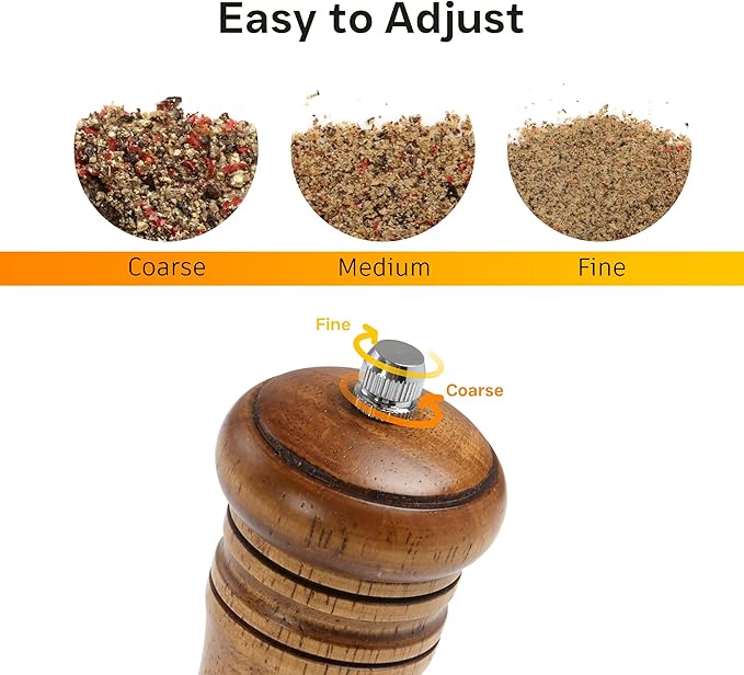Wood Salt and Pepper Grinder, Salt Grinder and Pepper Mill, Oak Wood Shakers with Adjustable Ceramic Grinders - 8 inches, 1 Pack