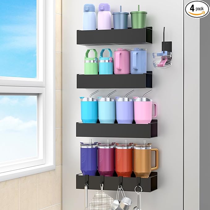 HuggieGems Metal Magnetic Water Bottle Holder for Refrigerator, Cup Holder Organizer for Stanley and Tumbler for Kitchen, 4 Pack, Jet Black