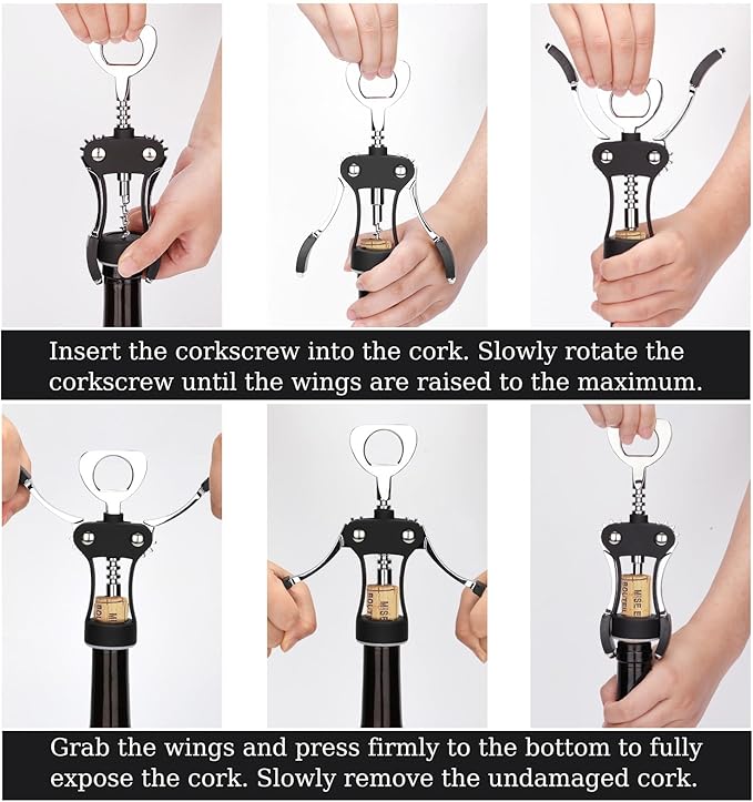 KORCCI Wine Opener, Heavy-Duty Zinc Alloy Wing Corkscrew, Premium Beer Bottle Opener, Multifunctional Wine Accessories with Ergonomic Handle and Sharp Screw, for Kitchen, Bar, Restaurant (BLACK)