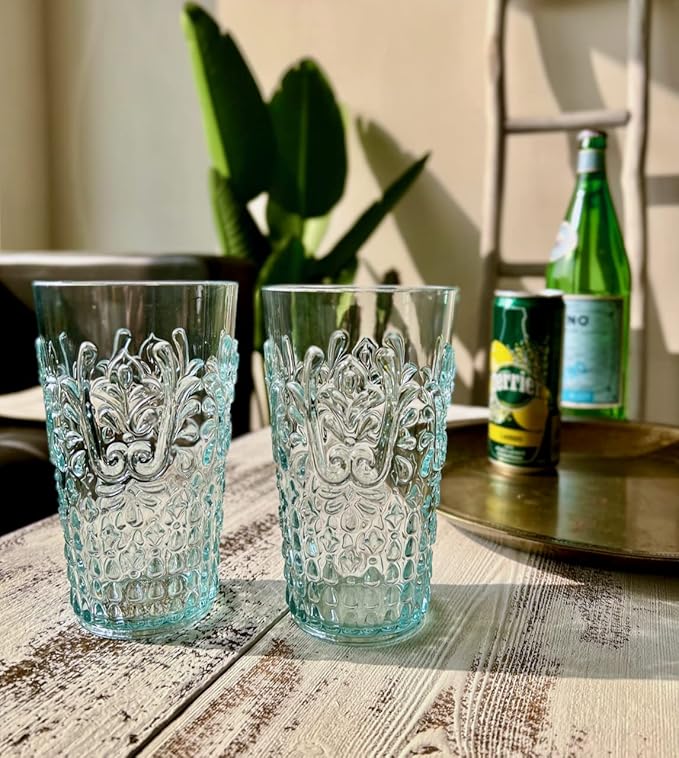 KLIFA- BLOIS- 20.5 ounce, Set of 6, Acrylic Highball Drinking Glasses, BPA-Free, Stackable Plastic Drinkware, Dishwasher Safe, Vintage Looking Cups, Light Teal