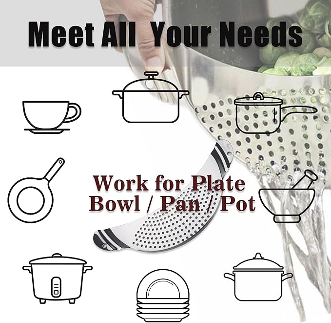 TJ POP Pot Strainer Stainless Steel, Pasta Strainer, Premium Metal Food Strainer for Noodles Fruit Veggies, Suitable for Pots or Containers Up to 10 Inches