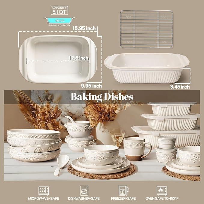 Artena Baking Dish 5.1 Quarts, Casserole Dishes For Oven, Baking Pan With Handles, Lasagna Pan Deep, Large Casserole Dish, Rectangular White Ceramic Bakeware (Baking Dish With Rack)