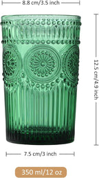 Joeyan Green Vintage Drinking Glasses,Embossed Ribbed Water Glass Cups,Colored Sunflower Patterned Highball,Beaded Tumblers Glassware Set for Beverages Juice,12 oz,Set of 4,Dishwasher Safe