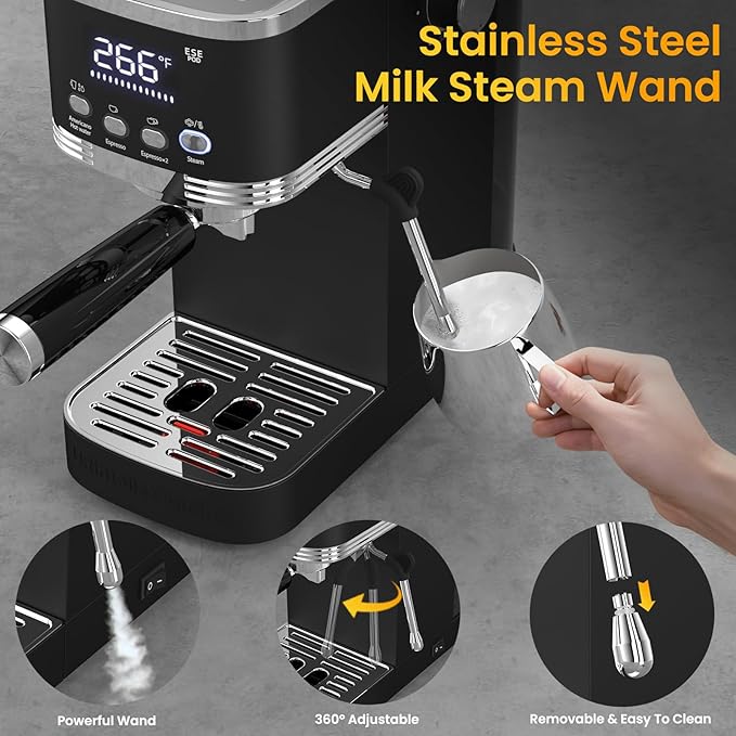Espresso Machine 20 Bar Temperature Time LED Display Espresso Maker with Adjustable Extraction Temperature Stainless Steel Coffee Machine with Powerful Steam Wand for Cappuccino Latte for Black